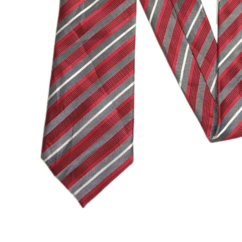 Bergamo New York Tie Men’s 60” Red Gray Striped Polyester Designer Classic New